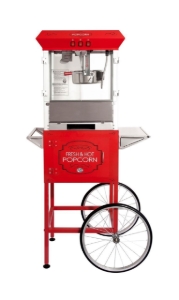 Red 8oz popcorn machine with cart - side view