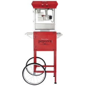Red 4oz popcorn machine with cart - side view